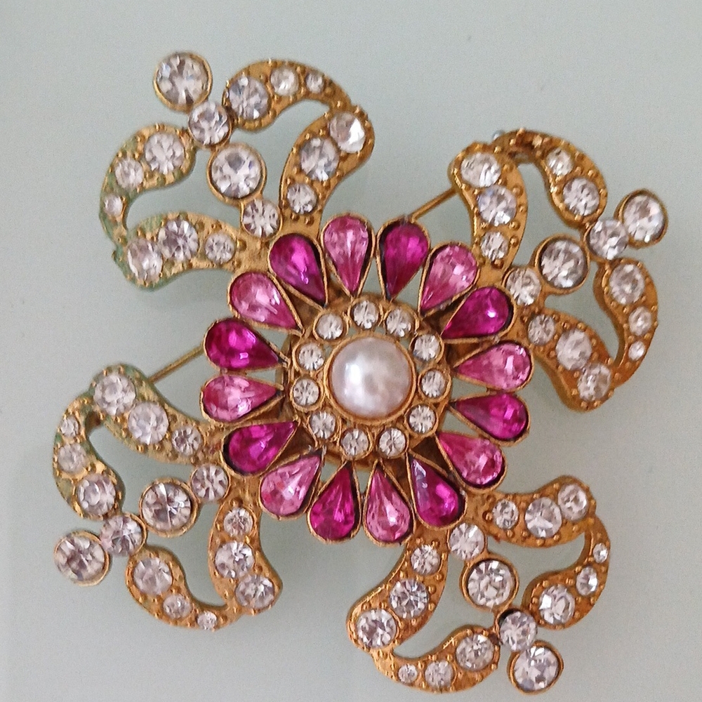 Gold and Pink Flower Brooch with Gemstones